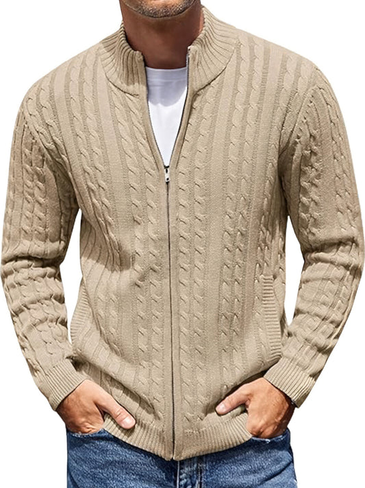 TYSORT Men's Cotton Full Sleeve High Neck Full Zipper Sweater for Men, Cable Knitted Cardigan for Men