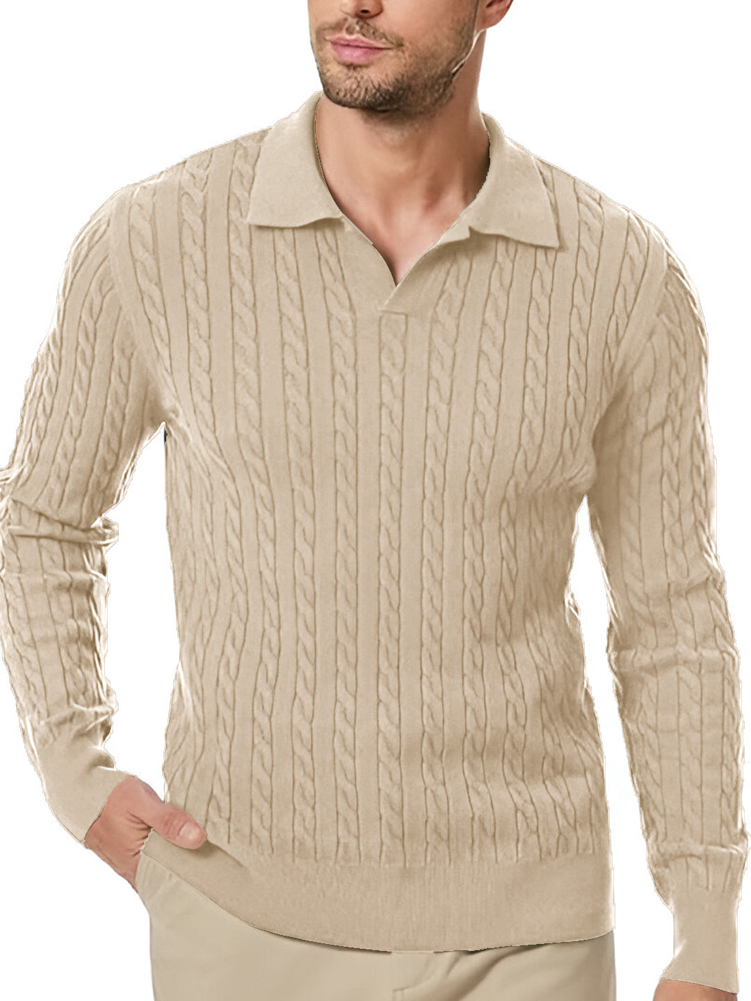 TYSORT Men's Cotton Full Sleeve Collar Polo Sweater for Men, Cable Knitted Sweaters for Men