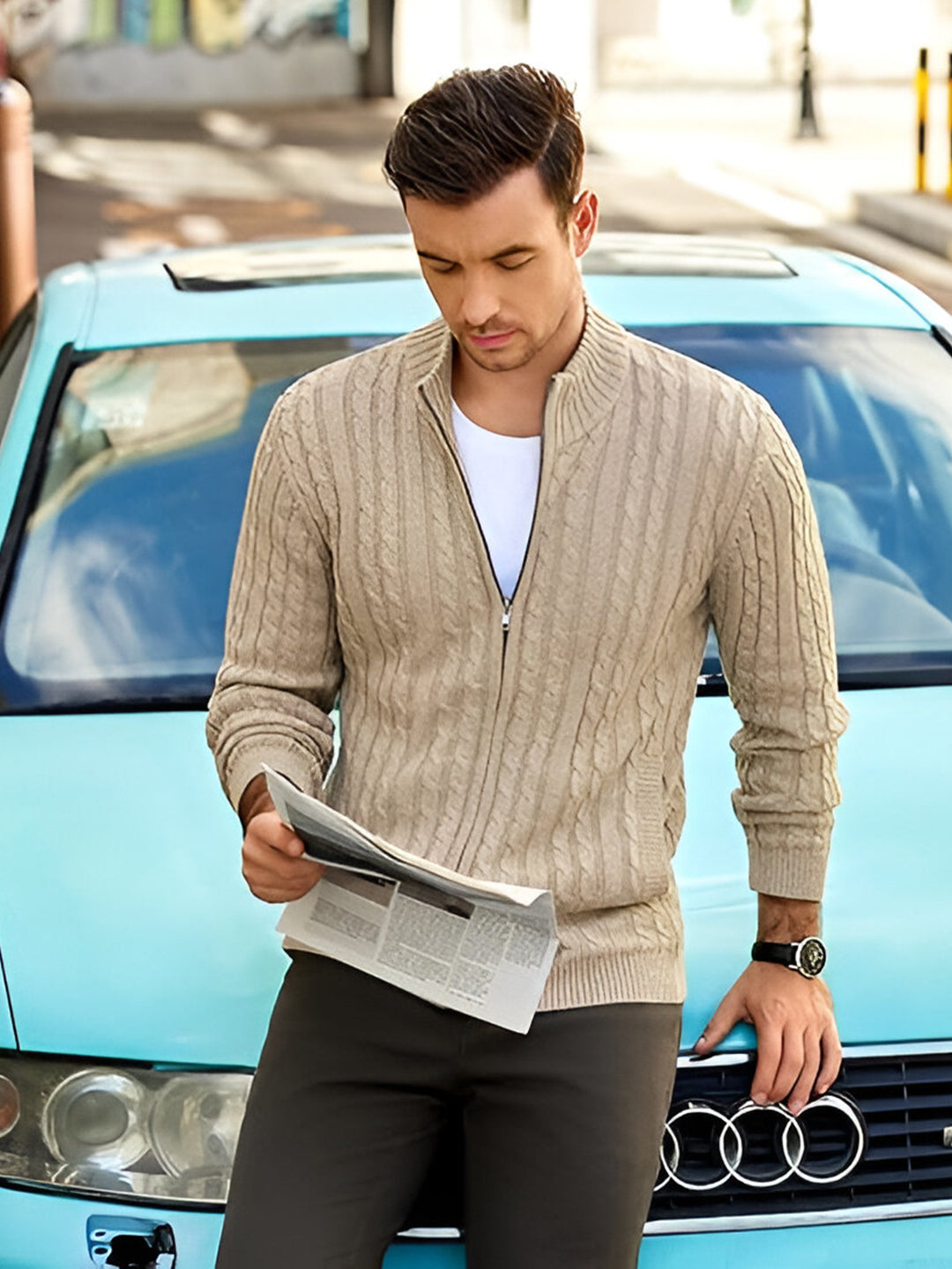 TYSORT Men's Cotton Full Sleeve High Neck Full Zipper Sweater for Men, Cable Knitted Cardigan for Men