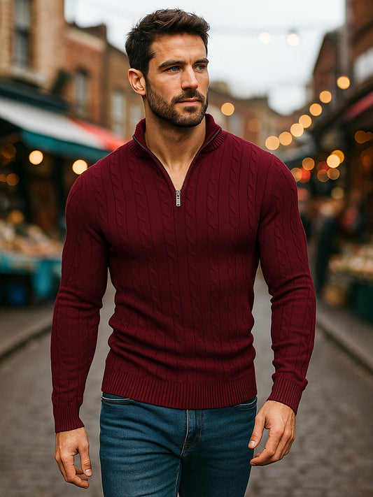 TYSORT Men's Cotton Full Sleeve High Neck Half  Zipper Sweater for Men, Cable Knitted Cardigan for Men