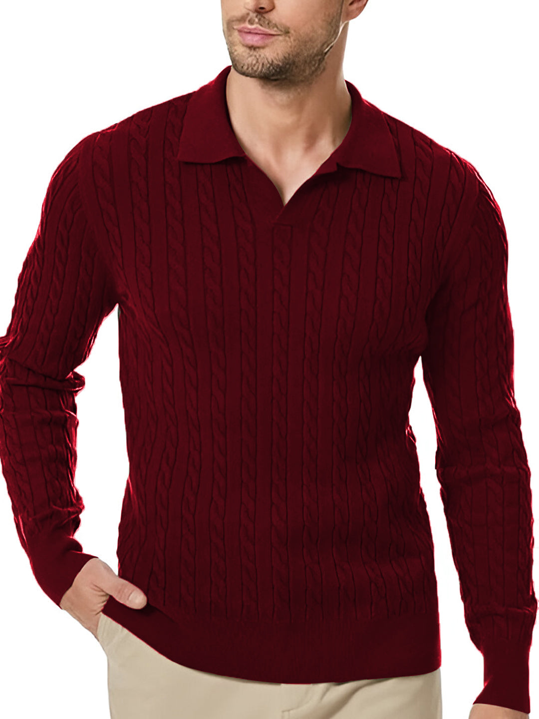 TYSORT Men's Cotton Full Sleeve Collar Polo Sweater for Men, Cable Knitted Sweaters for Men