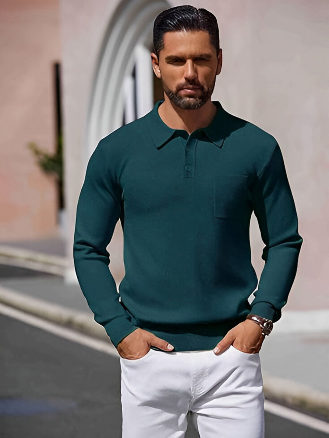 TYSORT Mens Long Sleeve Polo Sweater Knit Polo Casual Heavyweight Thermal Pullover Sweater with Pocket