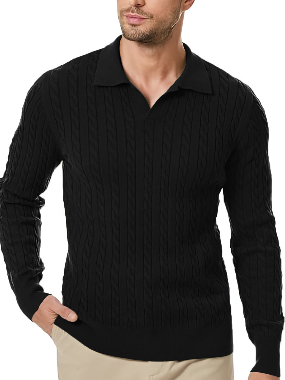 TYSORT Men's Cotton Full Sleeve Collar Polo Sweater for Men, Cable Knitted Sweaters for Men