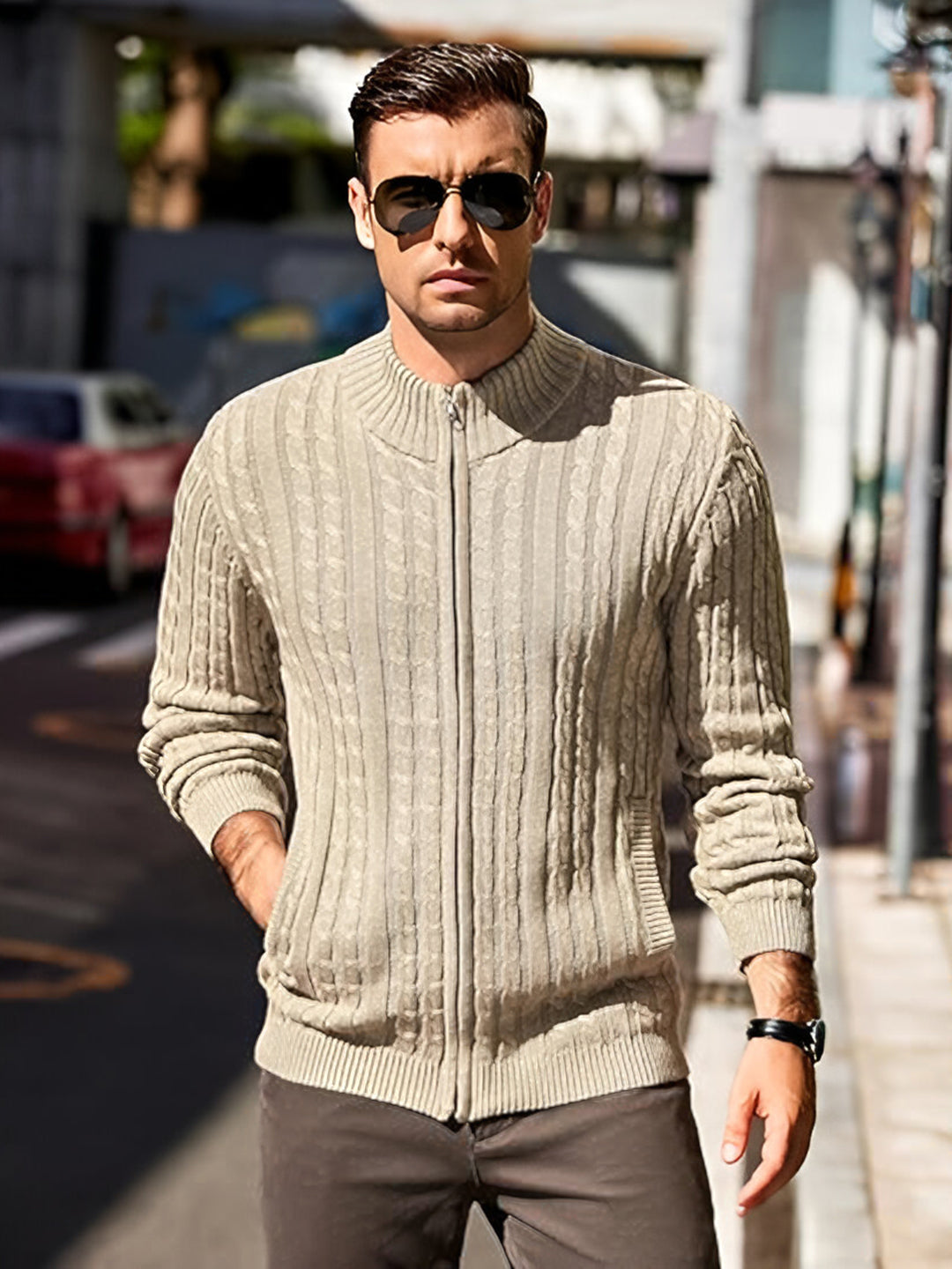 TYSORT Men's Cotton Full Sleeve High Neck Full Zipper Sweater for Men, Cable Knitted Cardigan for Men