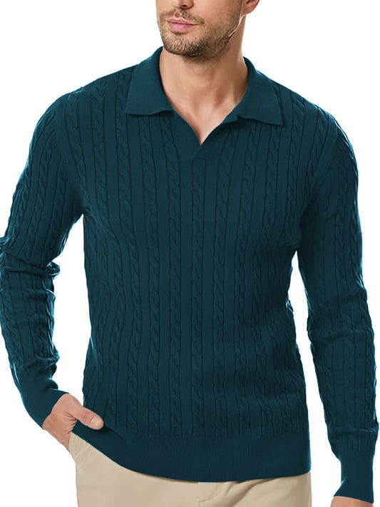 TYSORT Men's Cotton Full Sleeve Collar Polo Sweater for Men, Cable Knitted Sweaters for Men