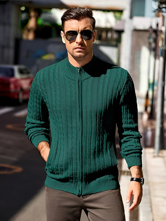TYSORT Men's Cotton Full Sleeve High Neck Full Zipper Sweater for Men, Cable Knitted Cardigan for Men