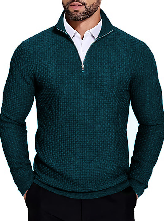 TYSORT Men High Neck Zipper Full Sleeve Waffle Knitted Winter Sweater,Waffle Knit Sweater for Men, Black