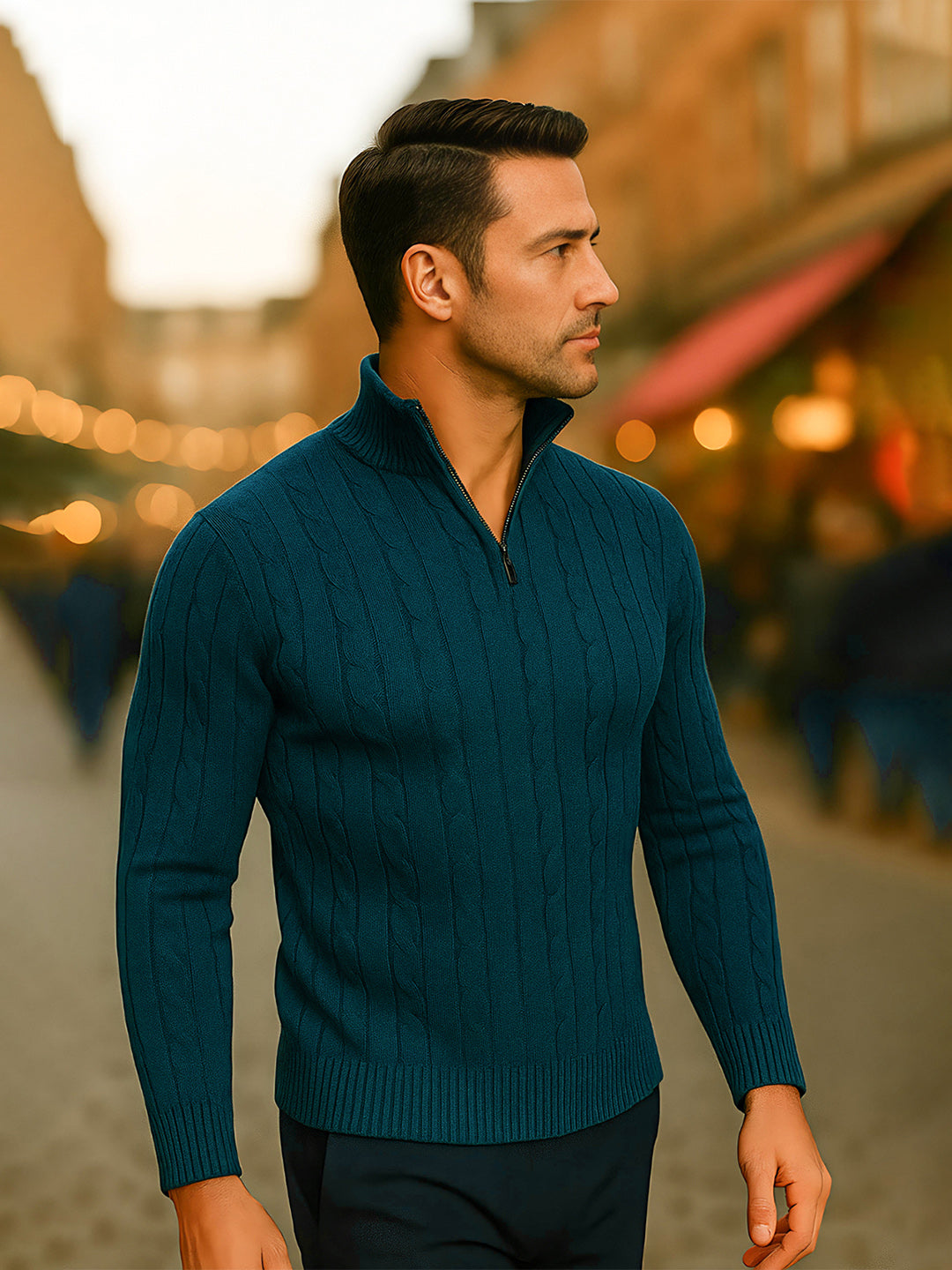 TYSORT Men's Cotton Full Sleeve High Neck Half  Zipper Sweater for Men, Cable Knitted Cardigan for Men