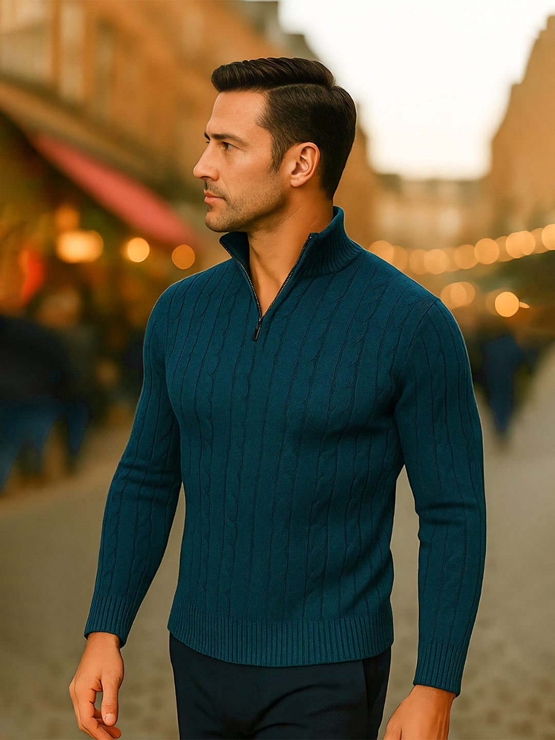 TYSORT Men's Cotton Full Sleeve High Neck Half  Zipper Sweater for Men, Cable Knitted Cardigan for Men