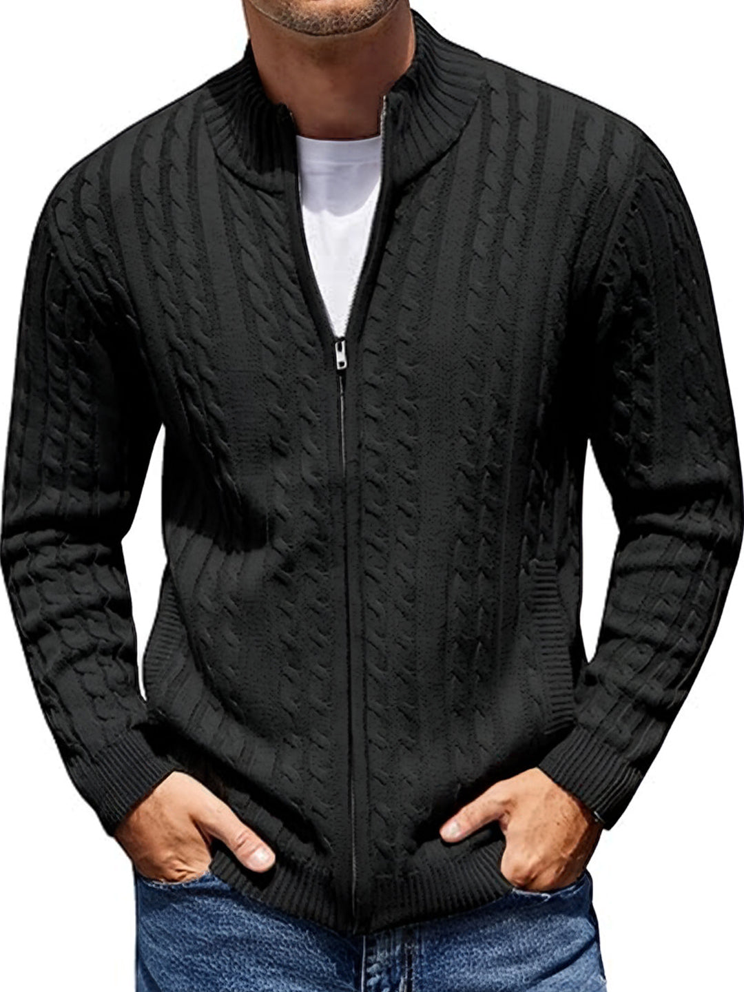 TYSORT Men's Cotton Full Sleeve High Neck Full Zipper Sweater for Men, Cable Knitted Cardigan for Men