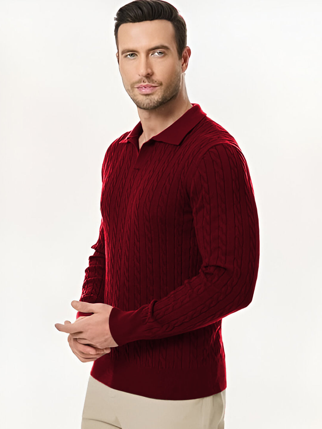 TYSORT Men's Cotton Full Sleeve Collar Polo Sweater for Men, Cable Knitted Sweaters for Men