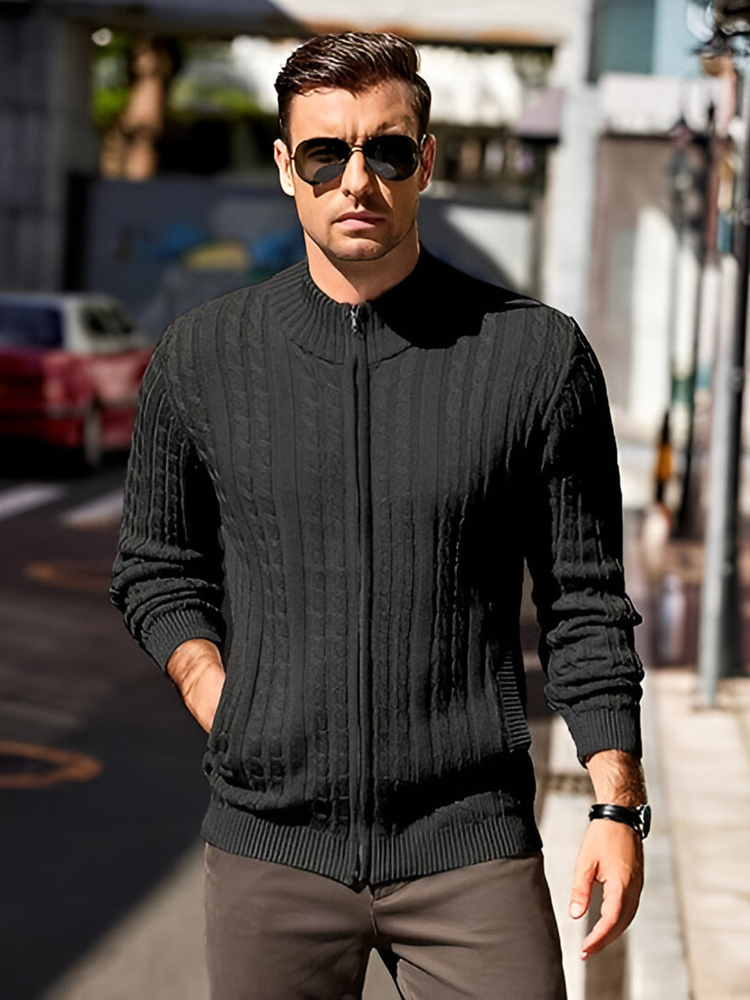 TYSORT Men's Cotton Full Sleeve High Neck Full Zipper Sweater for Men, Cable Knitted Cardigan for Men
