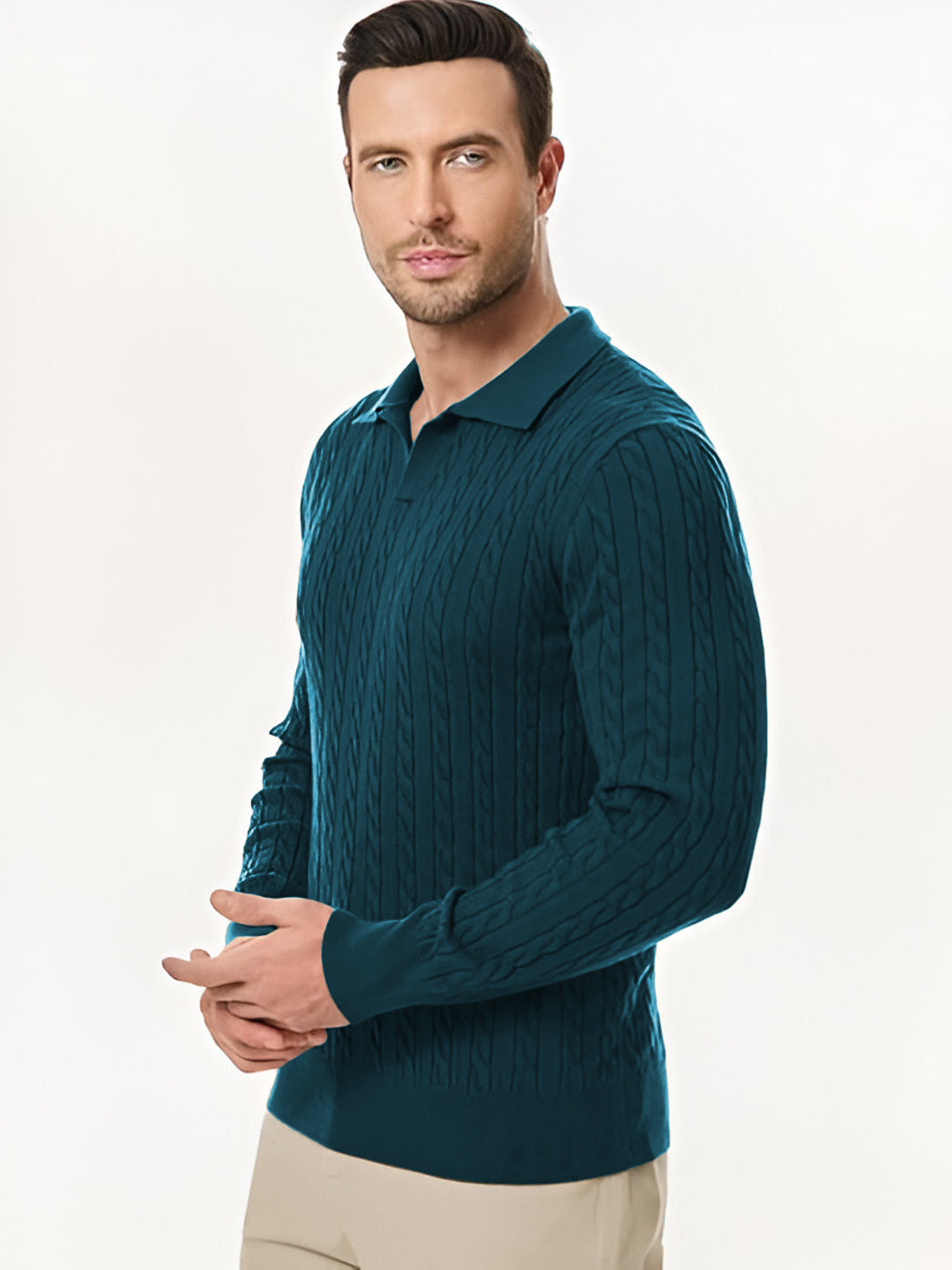 TYSORT Men's Cotton Full Sleeve Collar Polo Sweater for Men, Cable Knitted Sweaters for Men