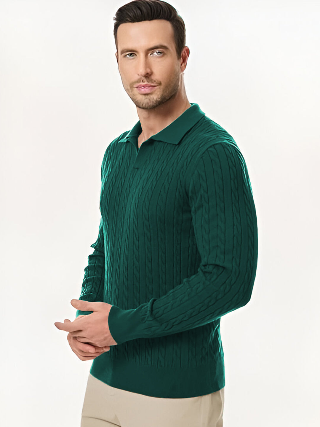 TYSORT Men's Cotton Full Sleeve Collar Polo Sweater for Men, Cable Knitted Sweaters for Men