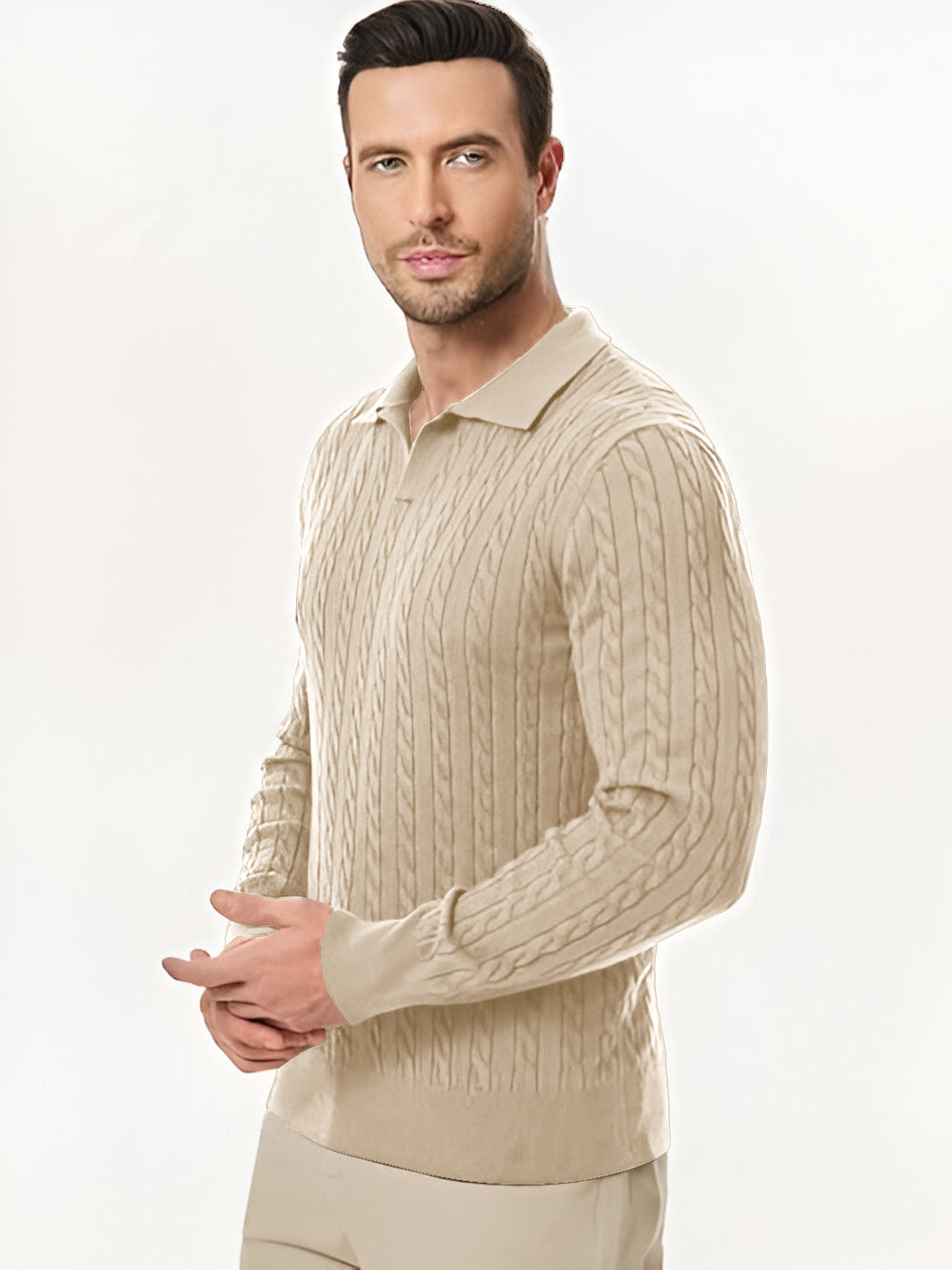 TYSORT Men's Cotton Full Sleeve Collar Polo Sweater for Men, Cable Knitted Sweaters for Men