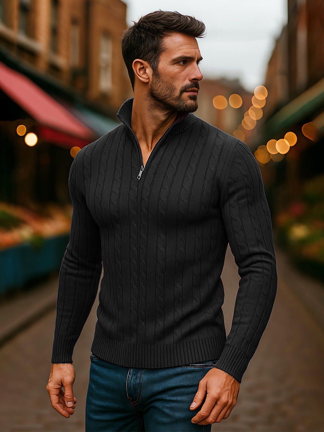 TYSORT Men's Cotton Full Sleeve High Neck Half  Zipper Sweater for Men, Cable Knitted Cardigan for Men