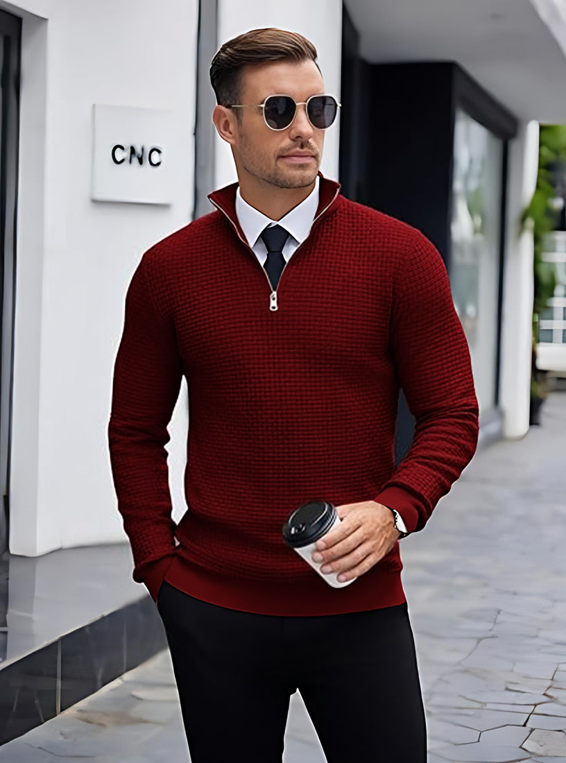 TYSORT Men High Neck Zipper Full Sleeve Waffle Knitted Winter Sweater,Waffle Knit Sweater for Men