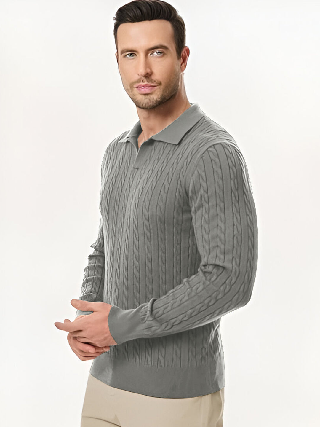 TYSORT Men's Cotton Full Sleeve Collar Polo Sweater for Men, Cable Knitted Sweaters for Men