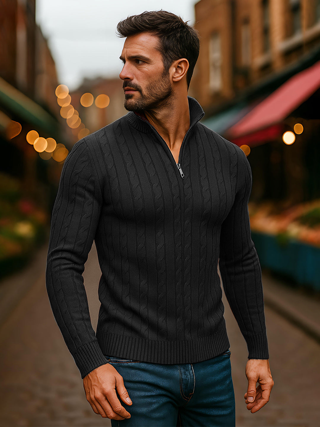 TYSORT Men's Cotton Full Sleeve High Neck Half  Zipper Sweater for Men, Cable Knitted Cardigan for Men