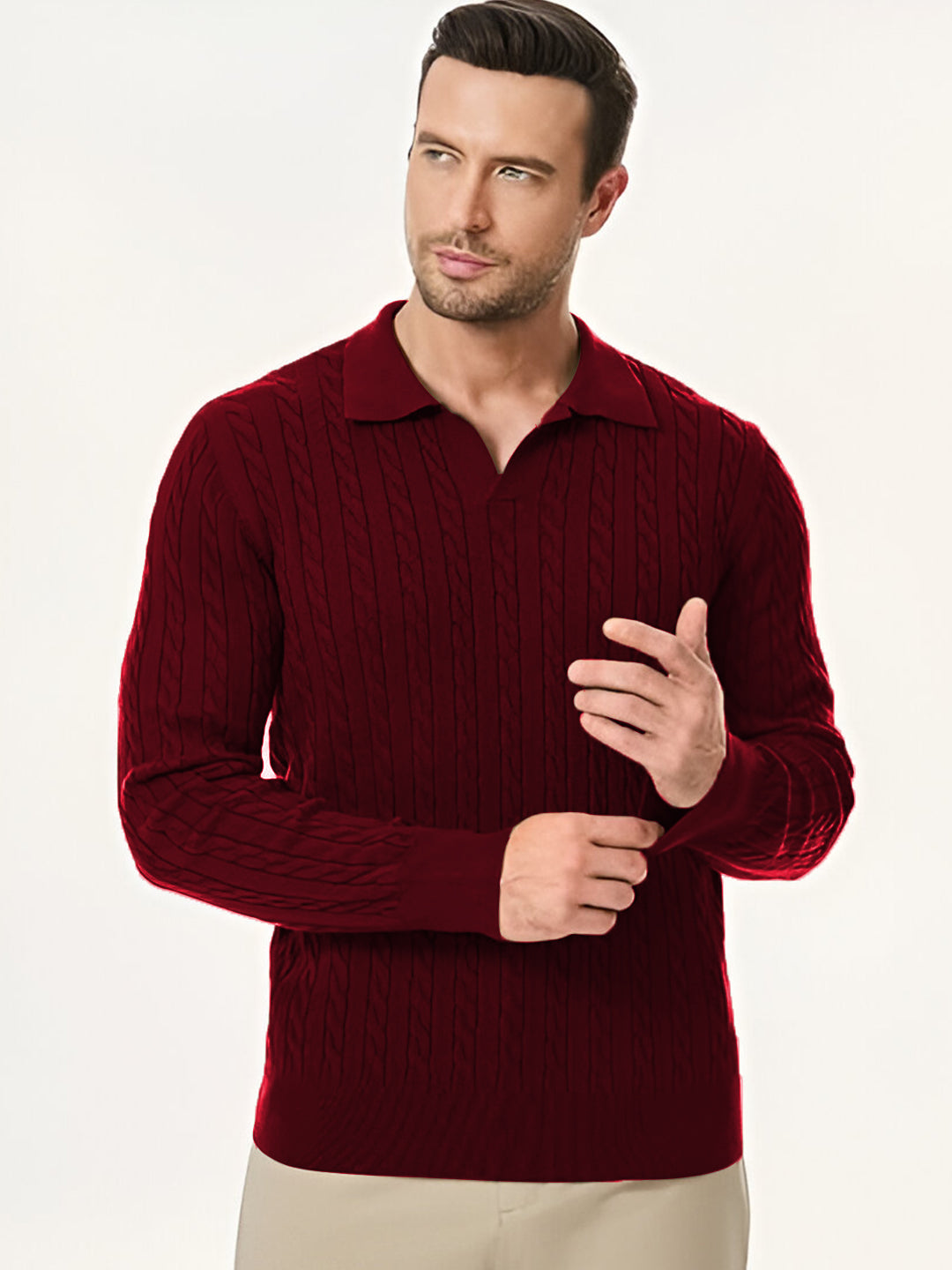 TYSORT Men's Cotton Full Sleeve Collar Polo Sweater for Men, Cable Knitted Sweaters for Men