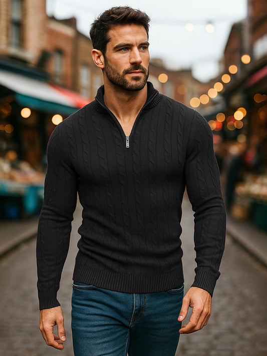 TYSORT Men's Cotton Full Sleeve High Neck Half  Zipper Sweater for Men, Cable Knitted Cardigan for Men