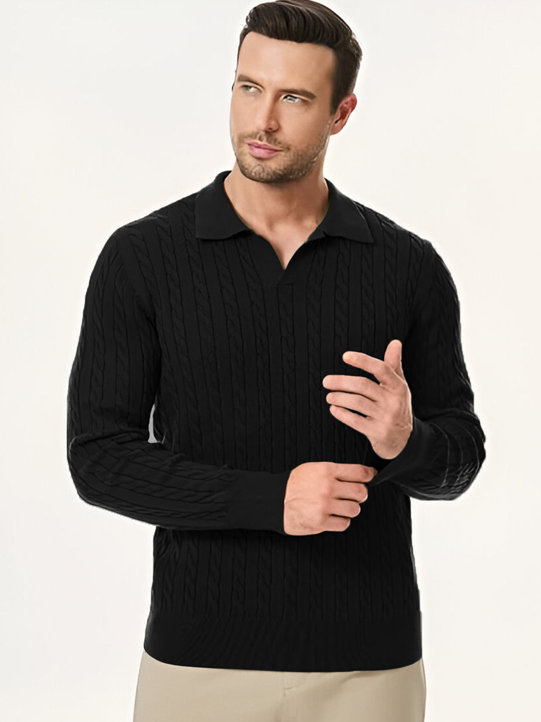 TYSORT Men's Cotton Full Sleeve Collar Polo Sweater for Men, Cable Knitted Sweaters for Men