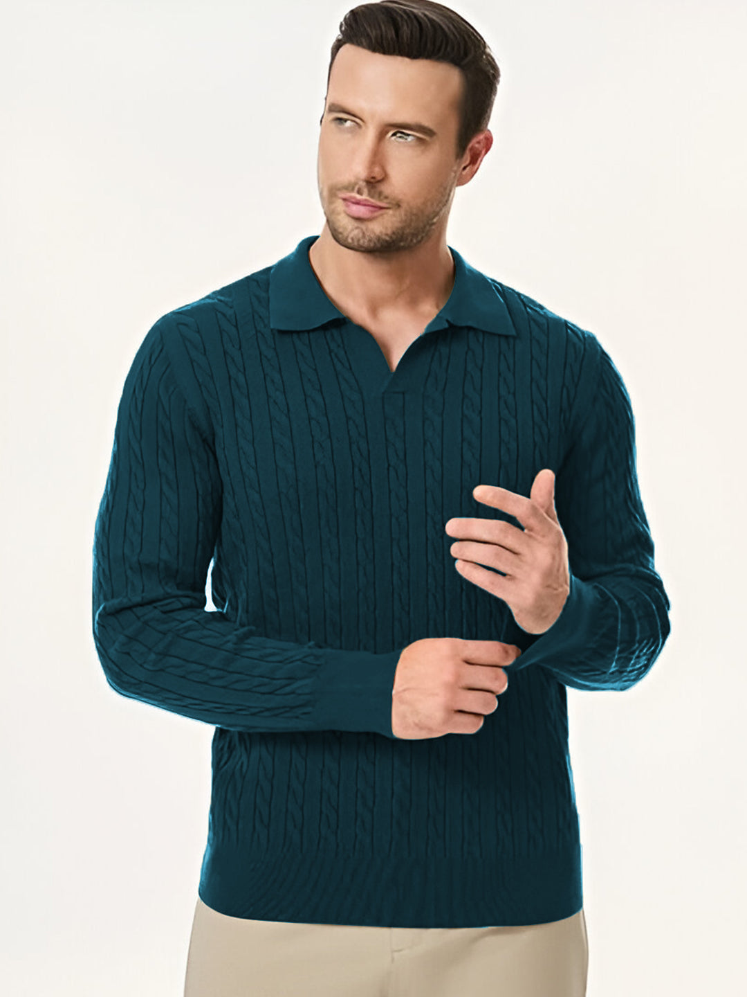 TYSORT Men's Cotton Full Sleeve Collar Polo Sweater for Men, Cable Knitted Sweaters for Men