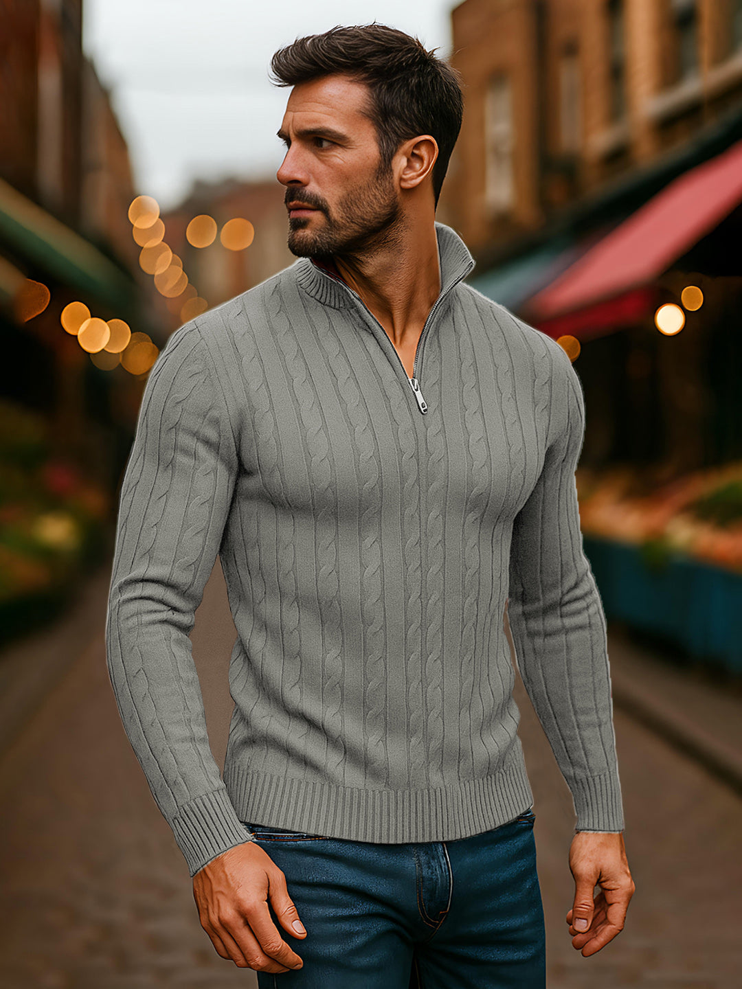 TYSORT Men's Cotton Full Sleeve High Neck Half Zipper Sweater for Men, Cable Knitted Cardigan for Men
