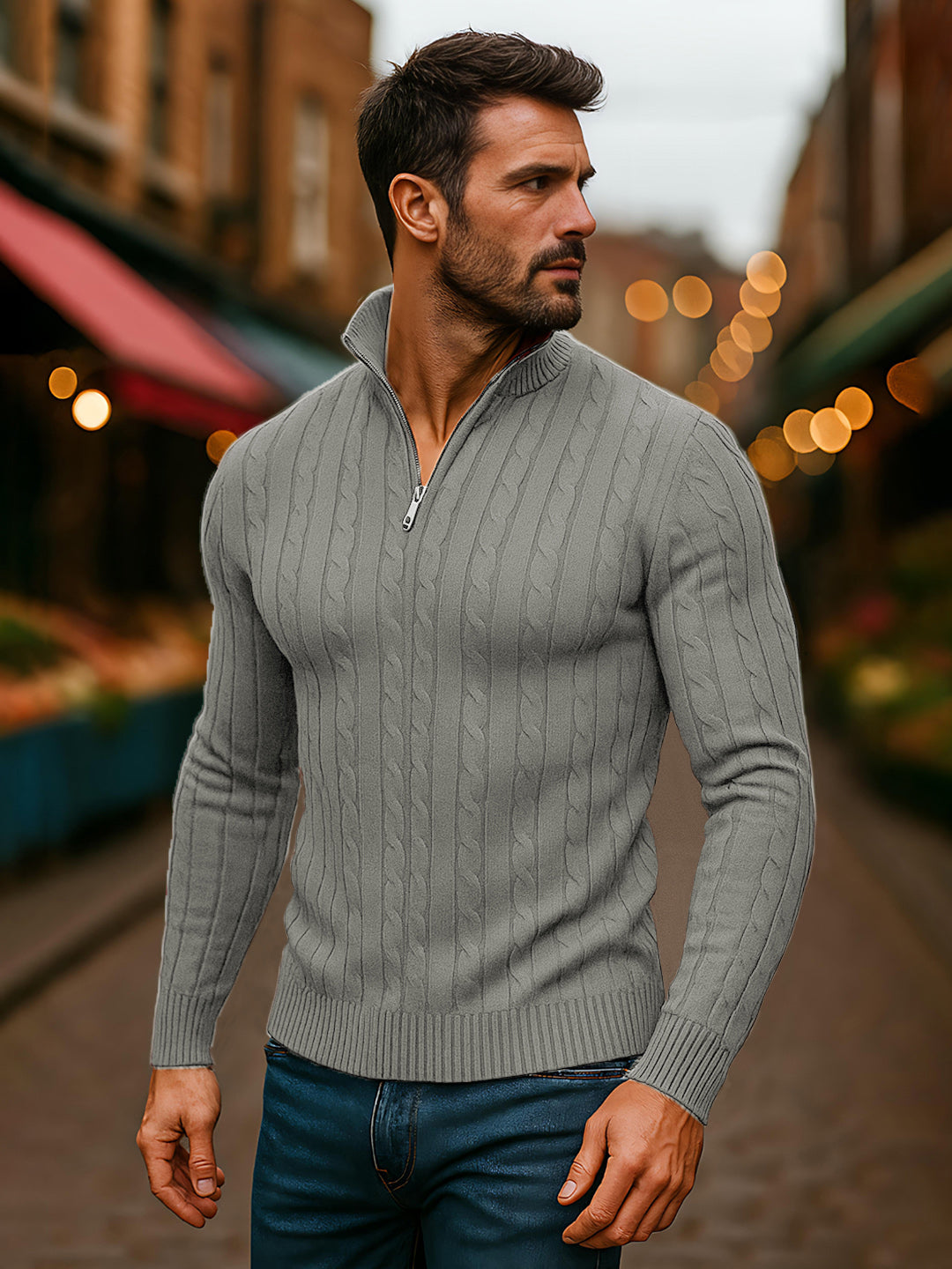 TYSORT Men's Cotton Full Sleeve High Neck Half Zipper Sweater for Men, Cable Knitted Cardigan for Men