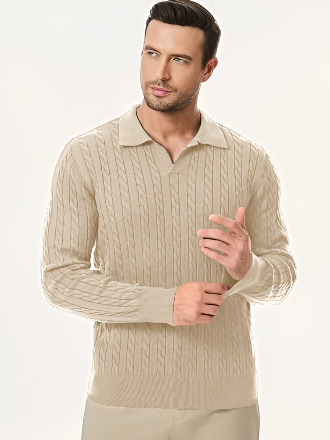 TYSORT Men's Cotton Full Sleeve Collar Polo Sweater for Men, Cable Knitted Sweaters for Men