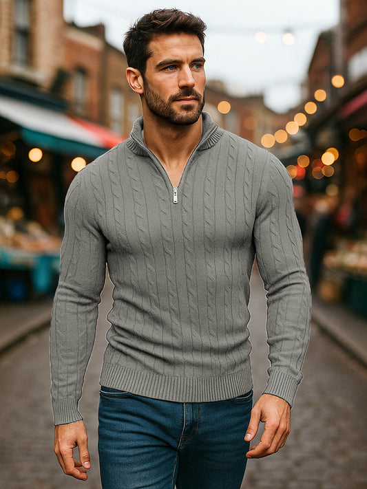 TYSORT Men's Cotton Full Sleeve High Neck Half Zipper Sweater for Men, Cable Knitted Cardigan for Men