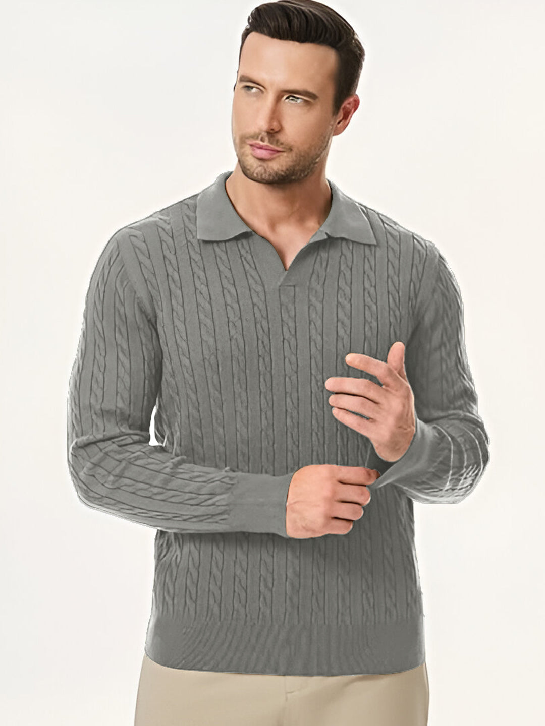 TYSORT Men's Cotton Full Sleeve Collar Polo Sweater for Men, Cable Knitted Sweaters for Men