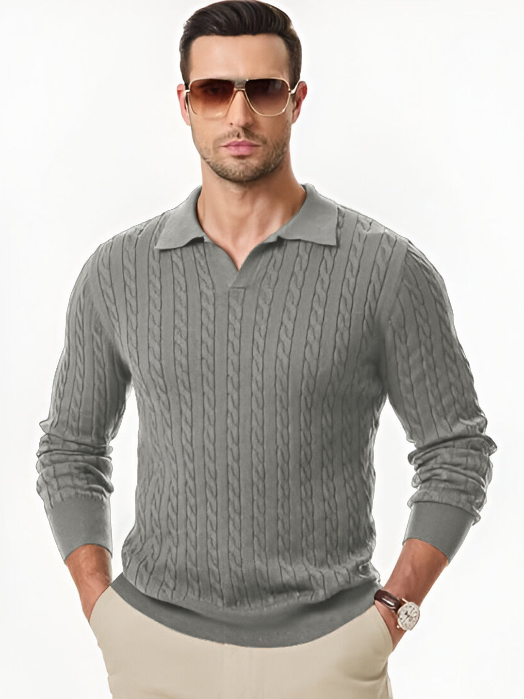 TYSORT Men's Cotton Full Sleeve Collar Polo Sweater for Men, Cable Knitted Sweaters for Men