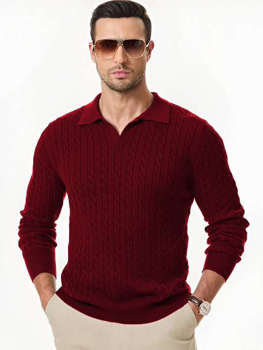 TYSORT Men's Cotton Full Sleeve Collar Polo Sweater for Men, Cable Knitted Sweaters for Men