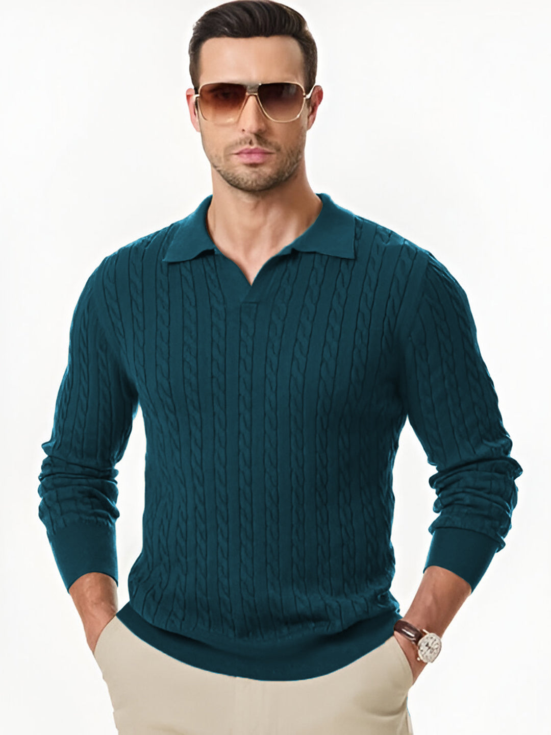 TYSORT Men's Cotton Full Sleeve Collar Polo Sweater for Men, Cable Knitted Sweaters for Men