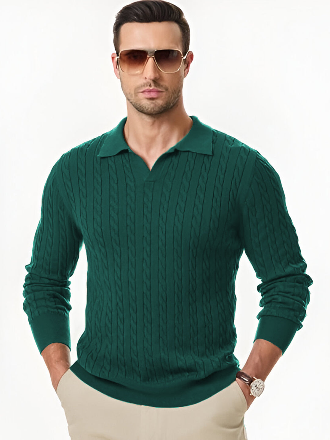 TYSORT Men's Cotton Full Sleeve Collar Polo Sweater for Men, Cable Knitted Sweaters for Men