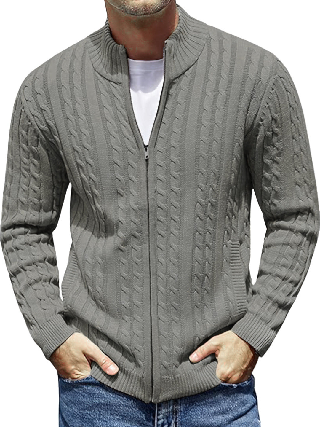 TYSORT Men's Cotton Full Sleeve High Neck Full Zipper Sweater for Men, Cable Knitted Cardigan for Men