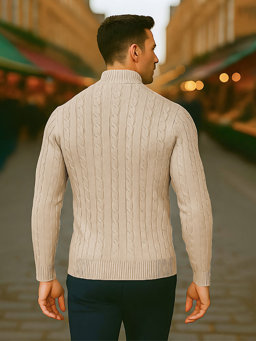 TYSORT Men's Cotton Full Sleeve High Neck Half Zipper Sweater for Men, Cable Knitted Cardigan for Men