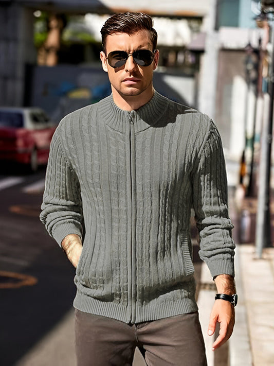 TYSORT Men's Cotton Full Sleeve High Neck Full Zipper Sweater for Men, Cable Knitted Cardigan for Men