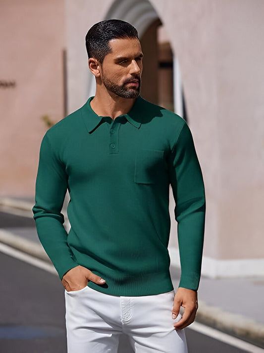 TYSORT Mens Long Sleeve Polo Sweater Knit Polo Casual Heavyweight Thermal Pullover Sweater with Pocket