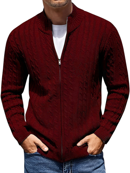 TYSORT Men's Cotton Full Sleeve High Neck Full Zipper Sweater for Men, Cable Knitted Cardigan for Men
