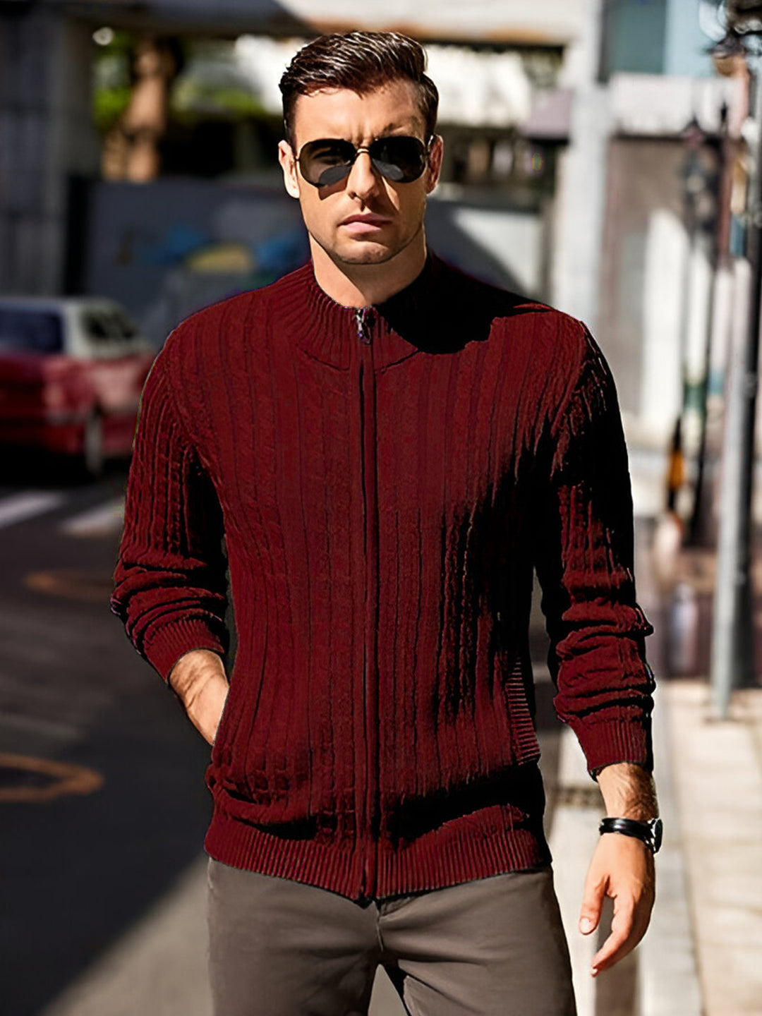 TYSORT Men's Cotton Full Sleeve High Neck Full Zipper Sweater for Men, Cable Knitted Cardigan for Men