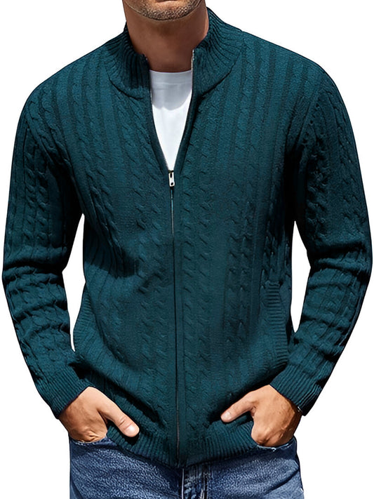 TYSORT Men's Cotton Full Sleeve High Neck Full Zipper Sweater for Men, Cable Knitted Cardigan for Men