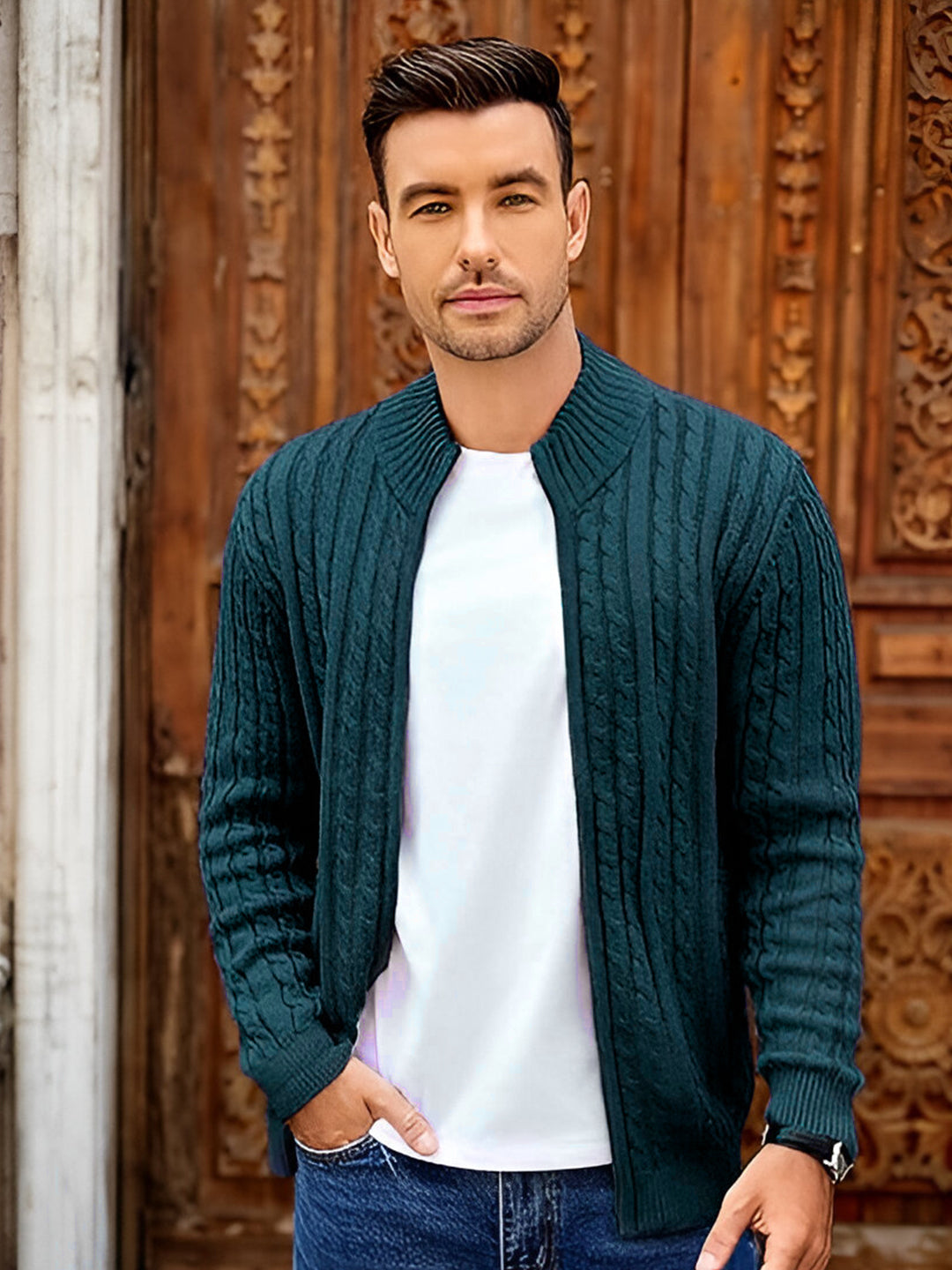 TYSORT Men's Cotton Full Sleeve High Neck Full Zipper Sweater for Men, Cable Knitted Cardigan for Men