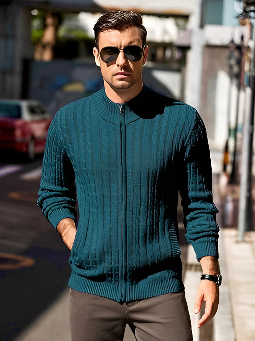 TYSORT Men's Cotton Full Sleeve High Neck Full Zipper Sweater for Men, Cable Knitted Cardigan for Men