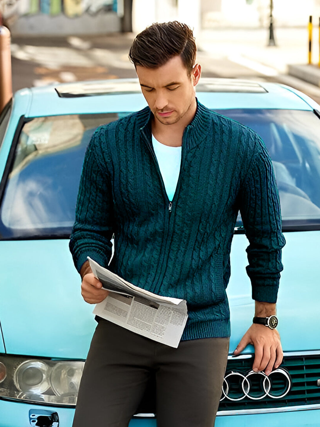TYSORT Men's Cotton Full Sleeve High Neck Full Zipper Sweater for Men, Cable Knitted Cardigan for Men