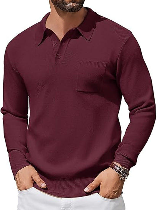 TYSORT Mens Long Sleeve Polo Sweater Knit Polo Casual Heavyweight Thermal Pullover Sweater with Pocket