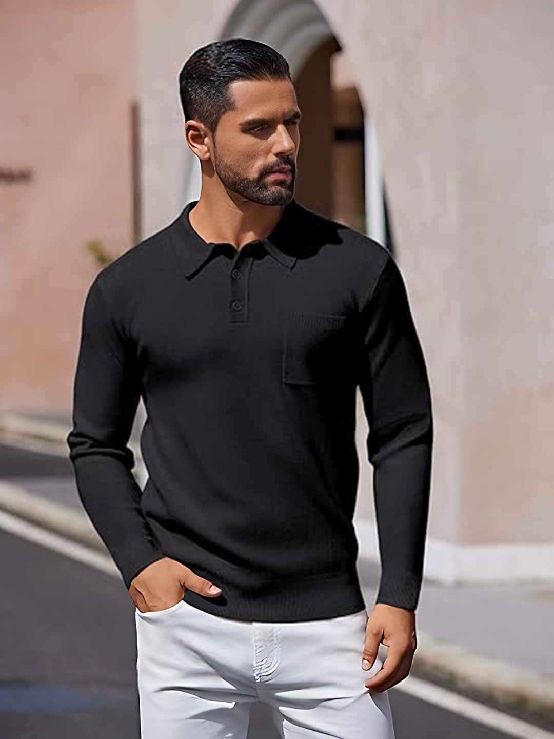 TYSORT Mens Long Sleeve Polo Sweater Knit Polo Casual Heavyweight Thermal Pullover Sweater with Pocket