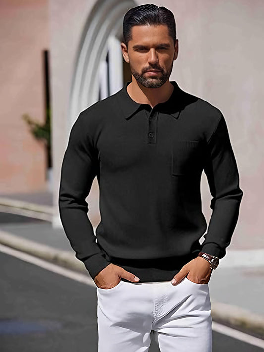 TYSORT Mens Long Sleeve Polo Sweater Knit Polo Casual Heavyweight Thermal Pullover Sweater with Pocket