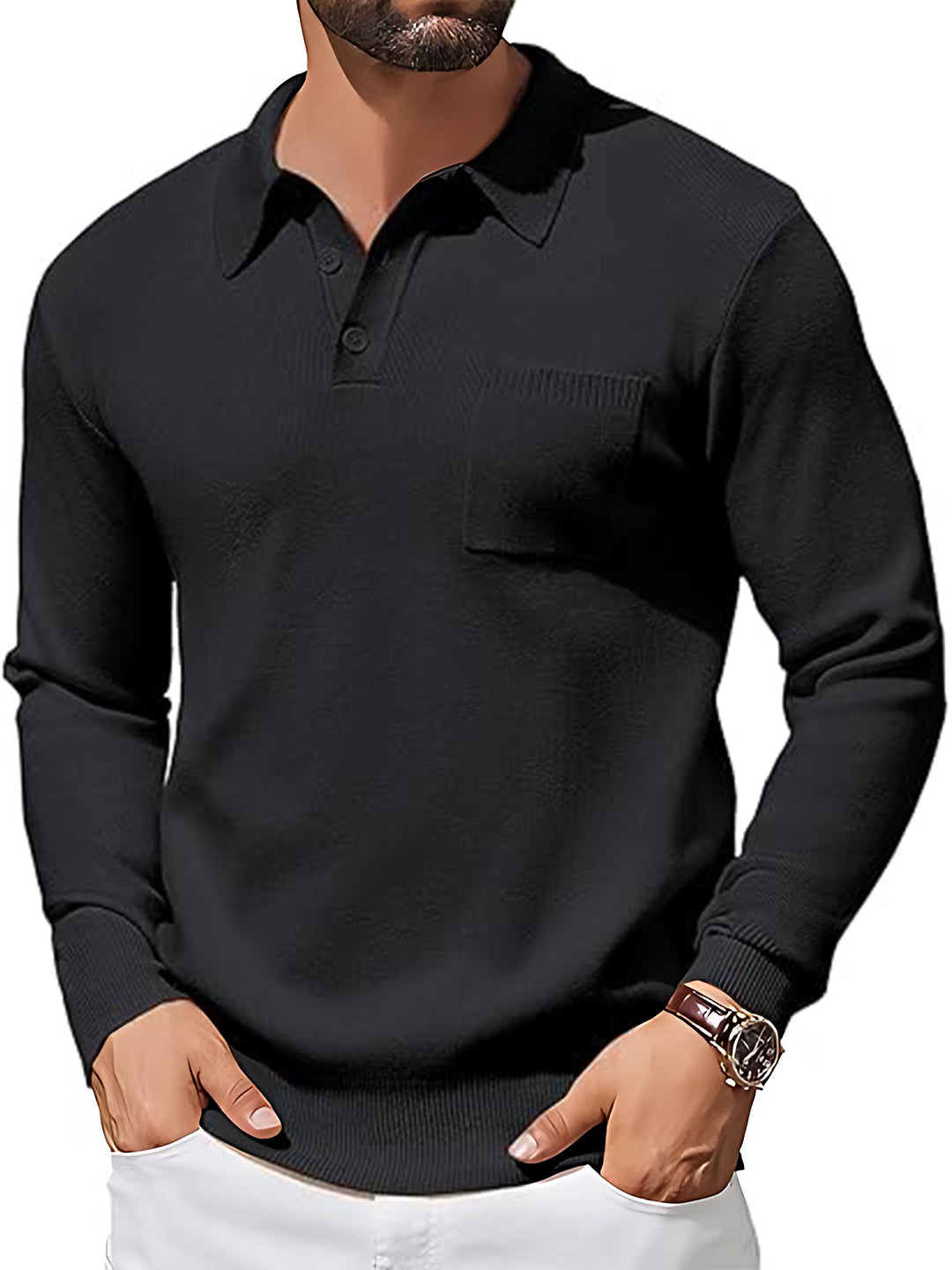 TYSORT Mens Long Sleeve Polo Sweater Knit Polo Casual Heavyweight Thermal Pullover Sweater with Pocket